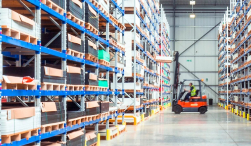 Oadby Plastics warehouse and large plastics stockholdings with forklift