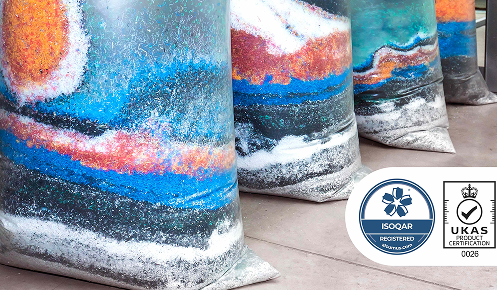 Swarf collected in bags with ISO certification logos at Oadby Plastics