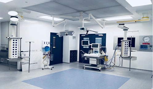 Hygienic white cladding solutions for hospital operating rooms, featuring medical equipment also made from engineering and fabrication plastics