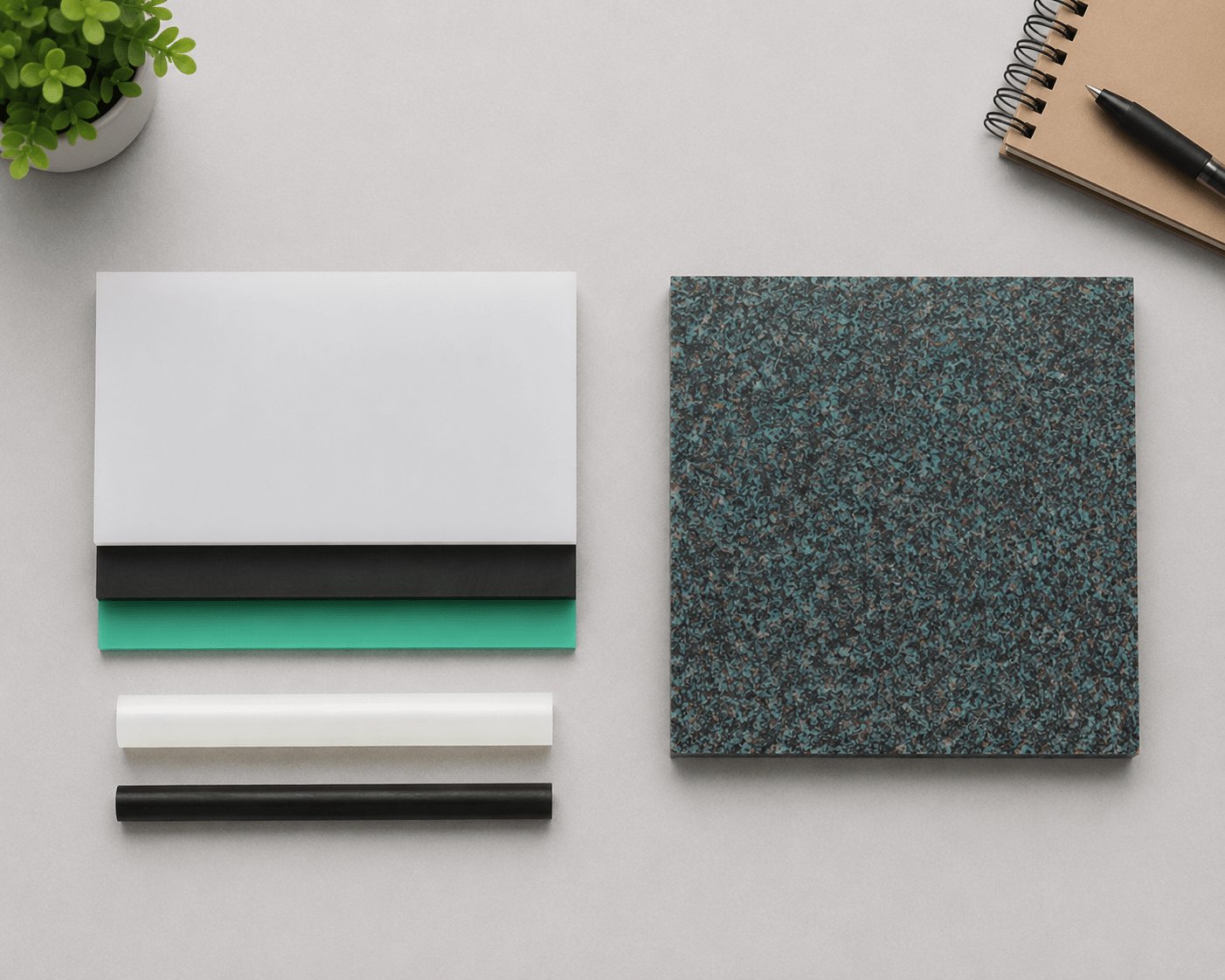 A comparison of virgin PE plastic sheets and multi-coloured recycled PE confetti sheets for industrial plastic manufacturing.